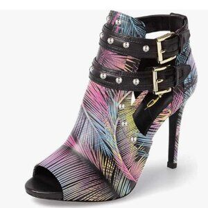 XYD Conifer Studs Peep Toe High Heel Buckled Double Straps Cutout Ankle Bootie